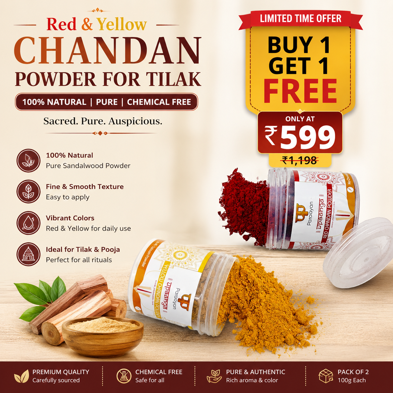 🌿 Pure Red & Yellow Chandan Powder for Tilak | 100g | Natural Pure Sandalwood Powder