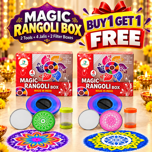 RangoliTwirl™ 4-Inch Magic Rotating Rangoli Maker Kit with 2 Design Jalis & Filter Box – Buy 1 Get 1 FREE 🌈🪔✨