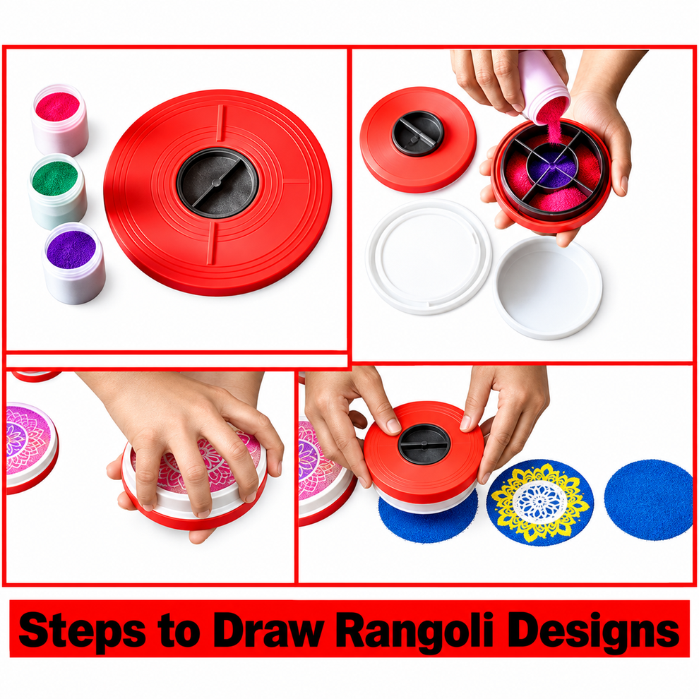 RangoliTwirl™ 4-Inch Magic Rotating Rangoli Maker Kit with 2 Design Jalis & Filter Box – Buy 1 Get 1 FREE 🌈🪔✨
