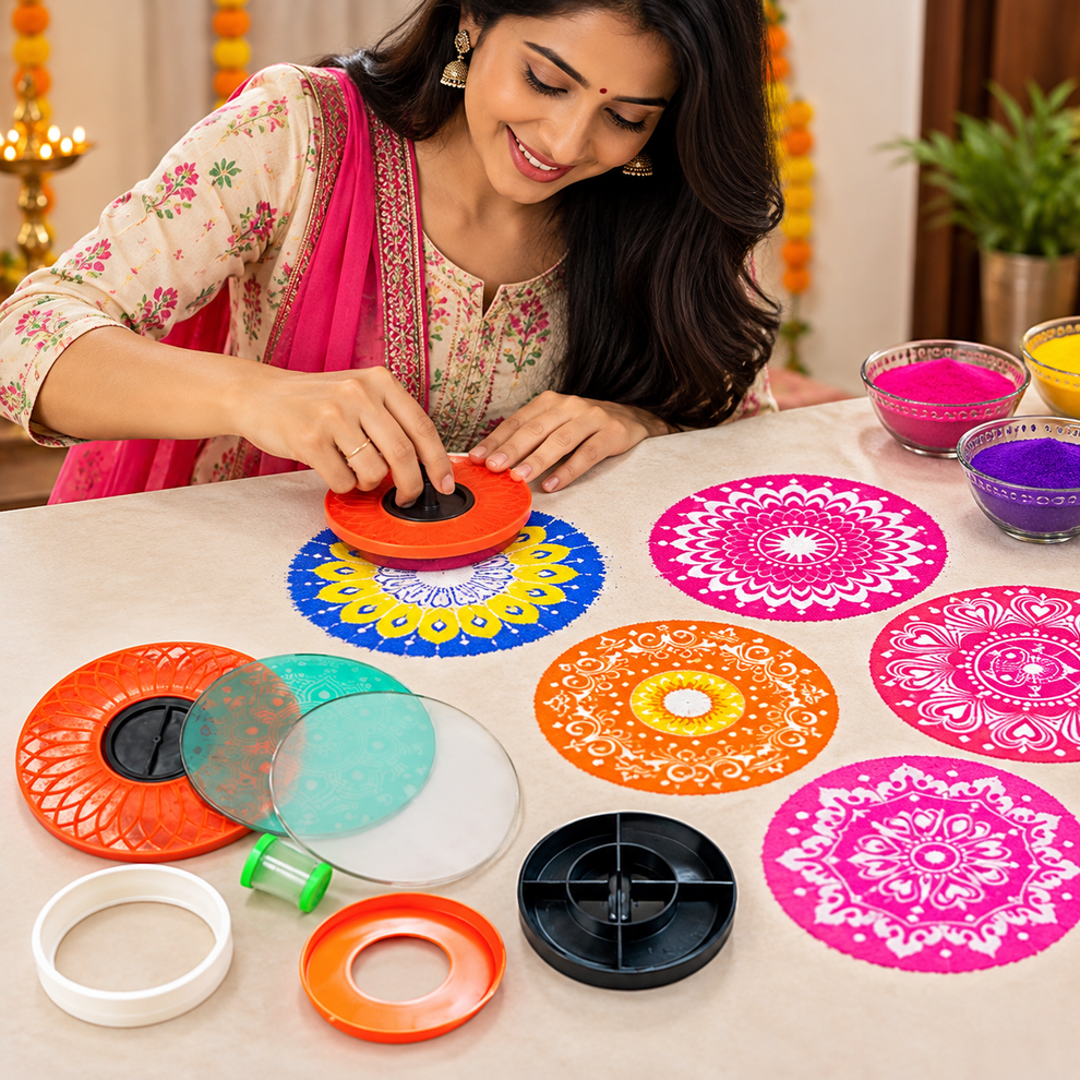 RangoliTwirl™ 4-Inch Magic Rotating Rangoli Maker Kit with 2 Design Jalis & Filter Box – Buy 1 Get 1 FREE 🌈🪔✨