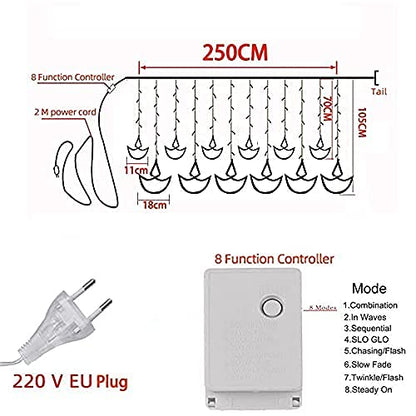 Warm White Diya Diwali Light Curtain,String Lights with Pack of 12 Hanging Diyas, 8 Flashing Modes, Decoration