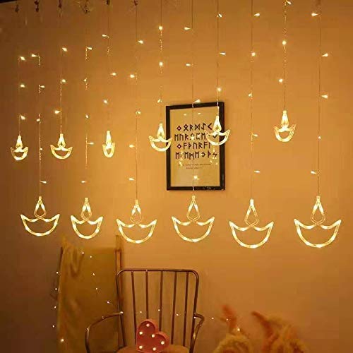 Warm White Diya Diwali Light Curtain,String Lights with Pack of 12 Hanging Diyas, 8 Flashing Modes, Decoration