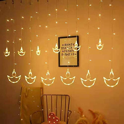 Warm White Diya Diwali Light Curtain,String Lights with Pack of 12 Hanging Diyas, 8 Flashing Modes, Decoration