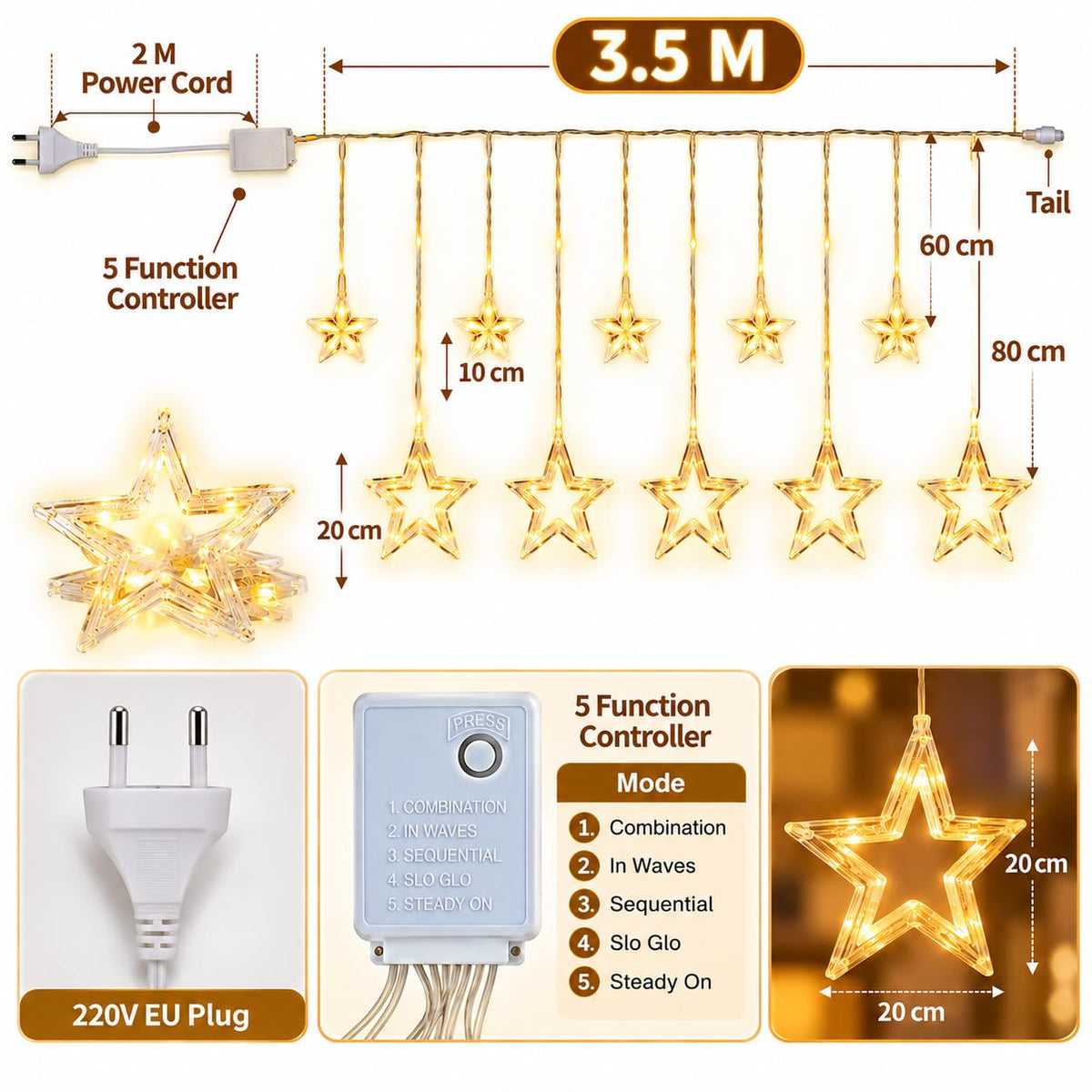 ⭐ 10 Star Curtain LED String Lights – 150 Warm White LEDs